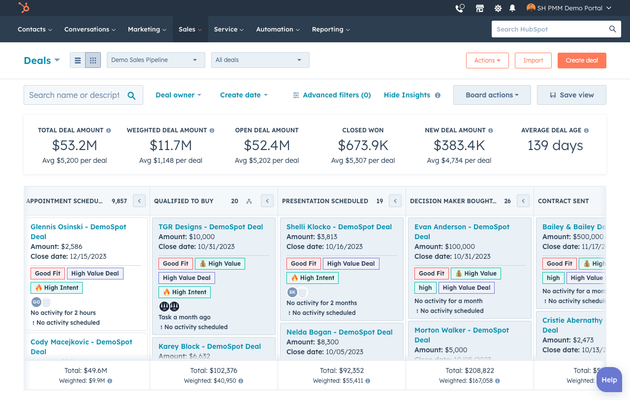 Sales Hub user interface showing the deal board